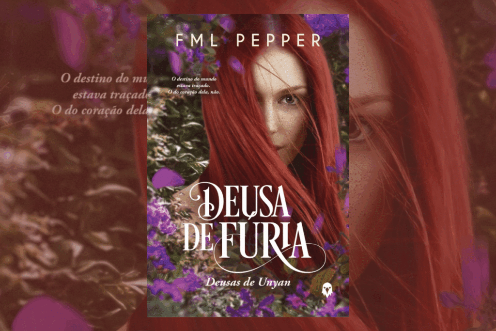 Capa de livro com título e nome do autor em branco e imagem de uma mulher com o cabelo vermelho em meio a folhagens e flores roxas