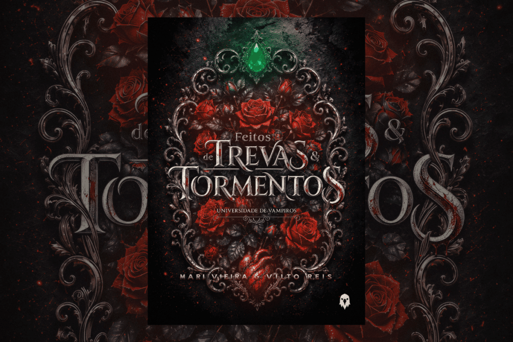 Capa de livro preta com rosas vermelhas ao fundo e uma pedra verde, com título e nome do autor em cinza