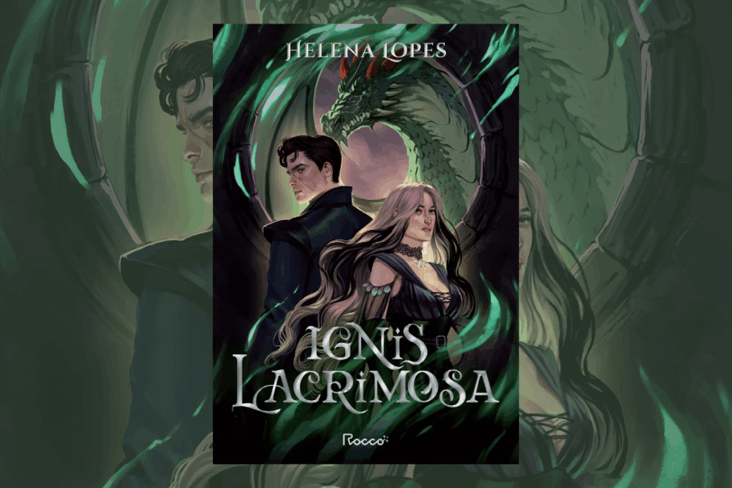 Capa de livro com nome do autor e título em branco com ilustração de um homem com cabelo curto e cicatriz no rosto usando roupa preta e uma mulher com cabelos ondulados longo, loiro e preto usando vestido preto com dragão ao fundo