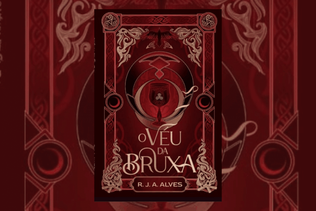 Capa de livro vinho com ilustrações em bege e nome do autor e título do livro em tons de bege