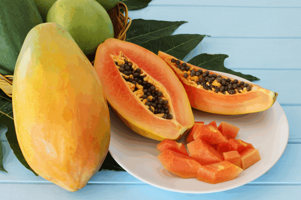 Mamão cortado ao meio em prato branco e ao lado de cubos da fruta. Ao fundo, um mamão inteiro