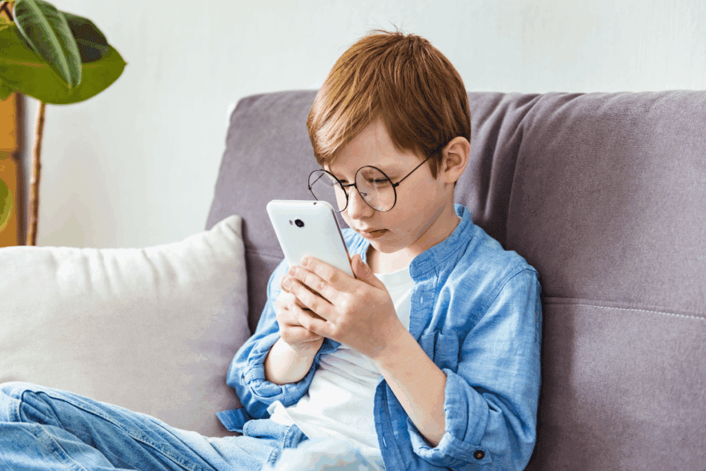 Fotografia de um menino sentado em um sofá, usando óculos de grau redondos enquanto olha atentamente para um celular. Ele veste uma camisa azul-clara sobre uma camiseta branca e está concentrado na tela do aparelho. O ambiente é residencial, bem iluminado e acolhedor, com uma planta ao fundo.