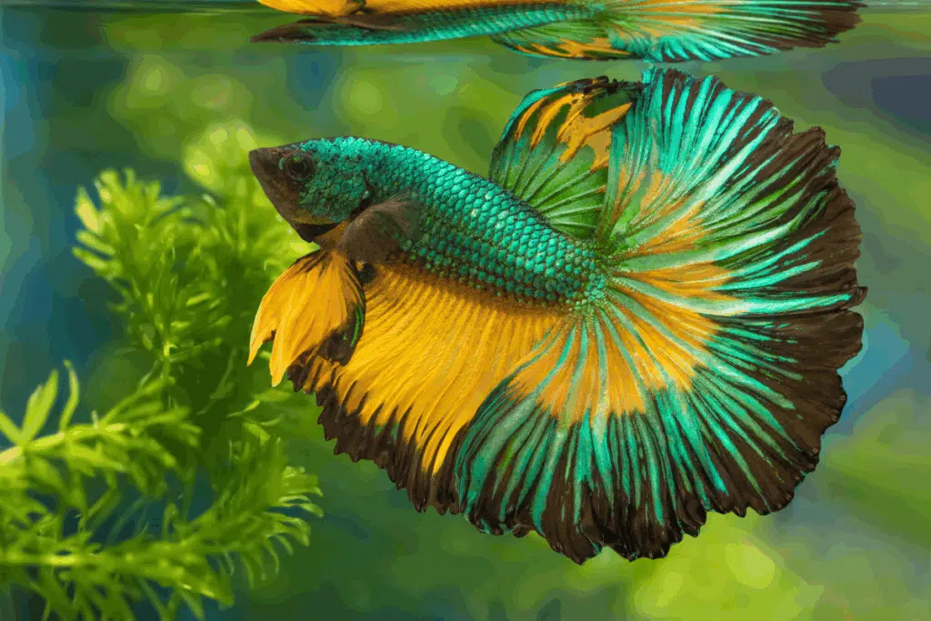Um peixe-betta de corpo verde-esmeralda e barbatanas leque em tons de amarelo, verde e bordas escuras nada de perfil para a esquerda em meio a plantas de aquário.