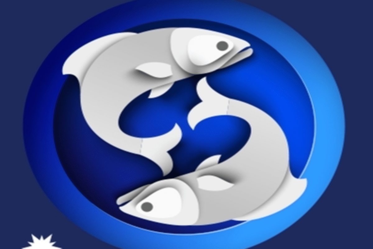 Ilustração do signo de Peixes representado por dois peixes brancos e cinza posicionados em sentidos opostos, formando uma composição circular sobre um fundo azul.