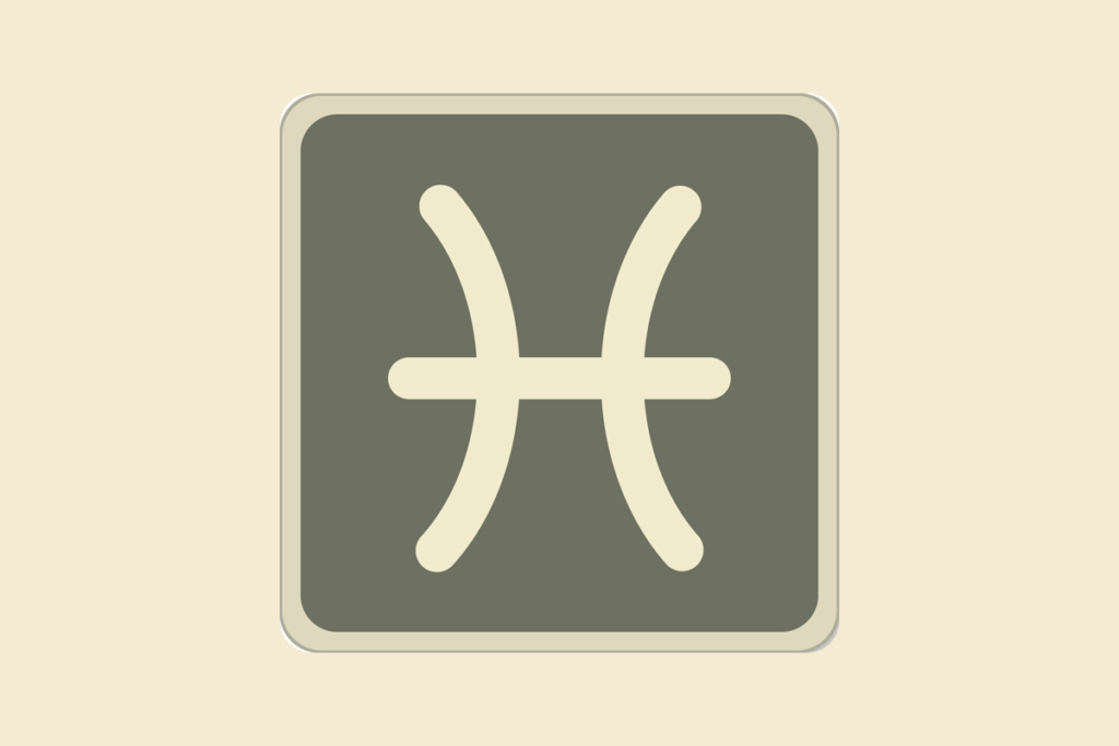 Símbolo do signo de Peixes, dois arcos ligados por uma linha horizontal, em bege sobre quadrado cinza-esverdeado, com fundo amarelo-palha.