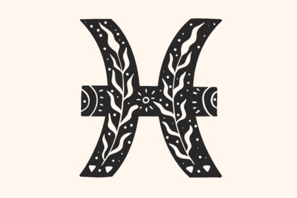A imagem apresenta o símbolo do signo de Peixes em preto, centralizado sobre um fundo claro. O ícone é decorado com folhagens, pequenos pontos, formas solares e detalhes celestes, criando uma estética mística e delicada.