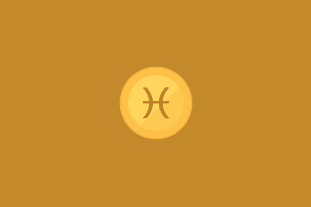 Ilustração minimalista do signo de Peixes, com o símbolo astrológico em tom marrom-dourado no centro de um círculo amarelo, sobre fundo uniforme em tom mostarda.