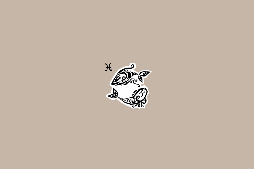 Ilustração gráfica de dois peixes em preto e branco formando um círculo, representando o signo de Peixes, sobre fundo bege