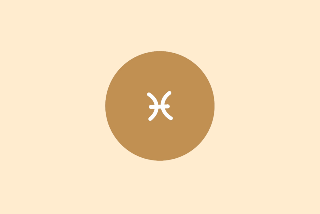 Ilustração do signo de Peixes em branco dentro de um círculo marrom, centralizado sobre fundo bege-claro