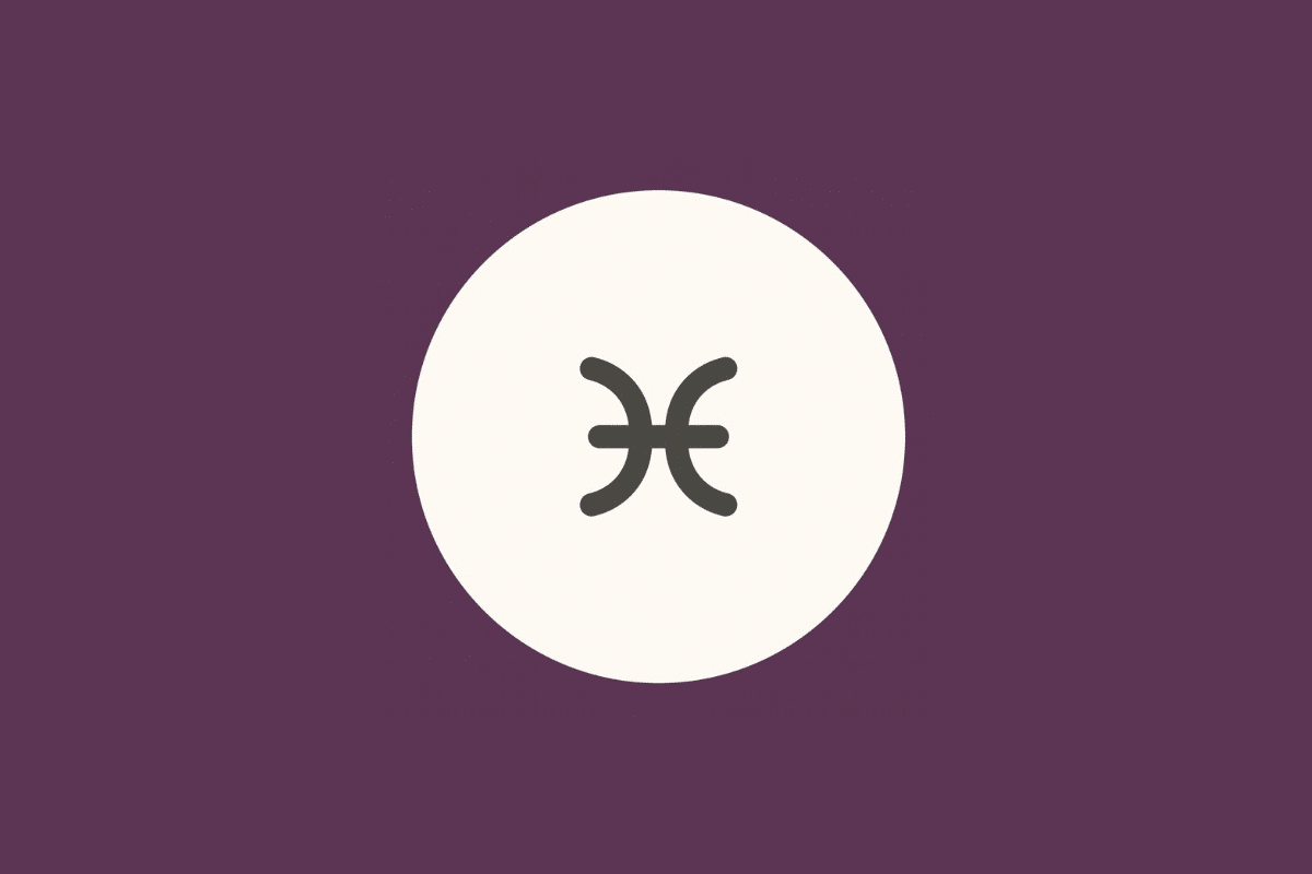 Ilustração minimalista do símbolo do signo de Peixes em tom cinza-escuro, centralizado dentro de um círculo branco sobre fundo roxo-fechado