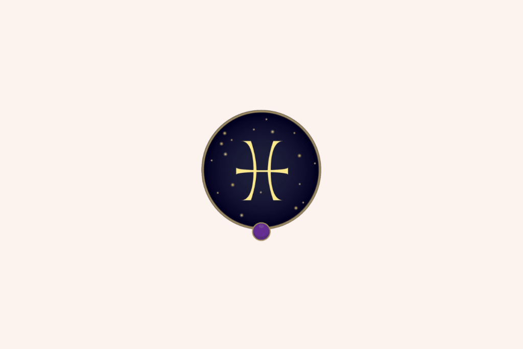Ilustração do símbolo dourado do signo de Peixes em destaque central sobre um fundo circular azul-marinho estrelado, com uma pequena gema roxa na parte inferior e fundo geral bege-claro