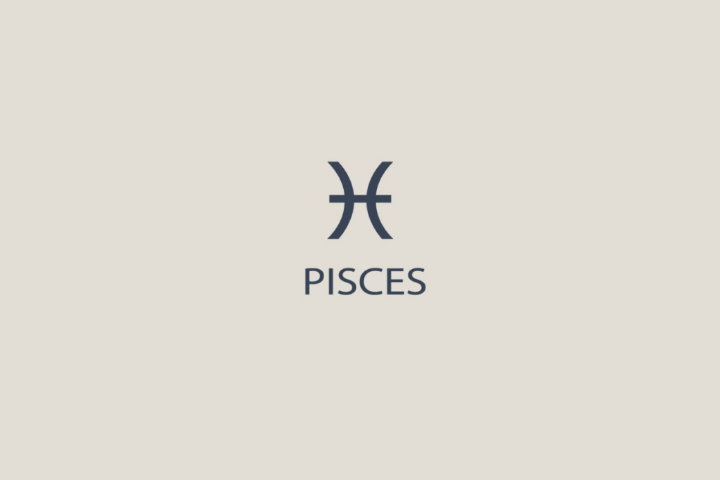Símbolo minimalista do signo de Peixes em tom cinza-escuro sobre fundo bege claro, com a palavra "PISCES" escrita abaixo em letras maiúsculas