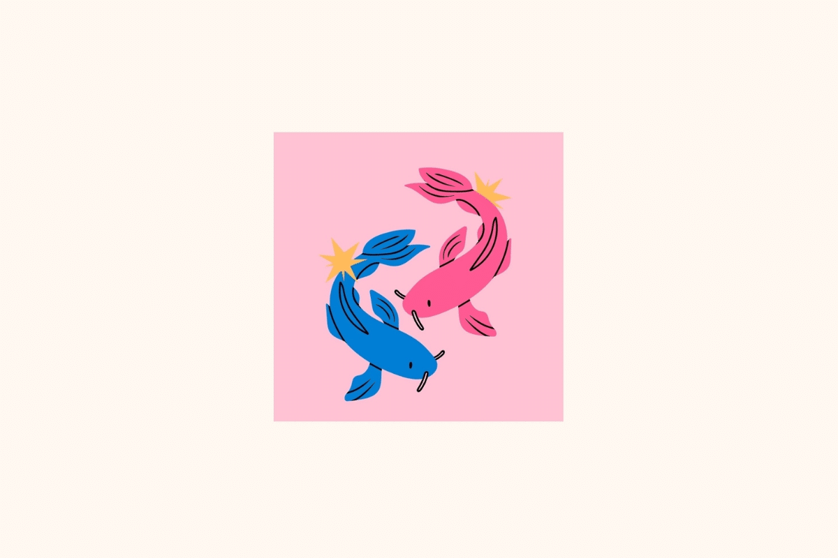 Ilustração estilizada do signo de Peixes centralizada em um quadrado rosa sobre fundo creme, retratando dois peixes nadando em movimento circular oposto, um azul-cobalto e outro rosa-choque, cada um acompanhado por uma pequena estrela amarela-dourada próximo à cauda