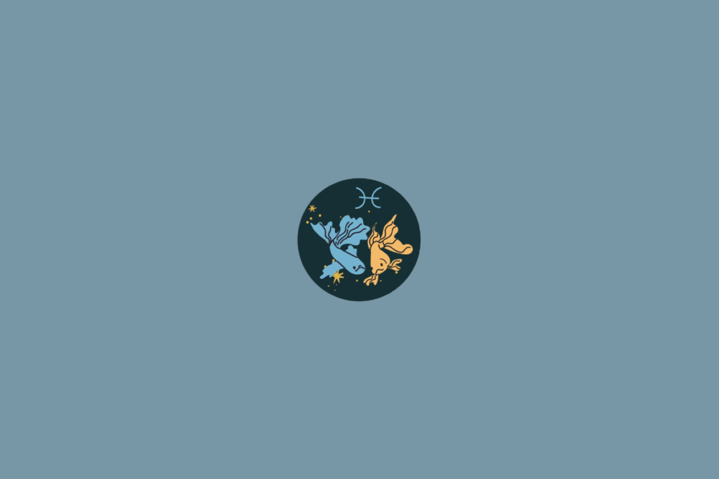 Ilustração circular com dois peixes estilizados, um azul e outro amarelo, voltados em direções opostas. O símbolo de Peixes aparece acima.