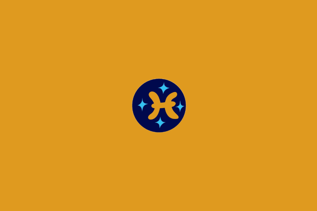 Ilustração estilizada do símbolo de Peixes em amarelo-dourado, formado por duas curvas opostas atravessadas por uma linha horizontal. O desenho está dentro de um círculo azul-marinho, decorado com pequenas estrelas azul-claro. O fundo é laranja.