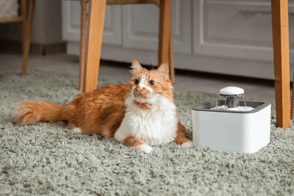 Gato felpudo de pelagem alaranjada e branca deitado sobre um tapete felpudo cinza, ao lado de uma fonte de água elétrica quadrada