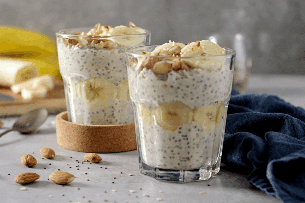 Pudim de chia com banana servido em dois copos de vidro transparentes em cima de bancada de pedra