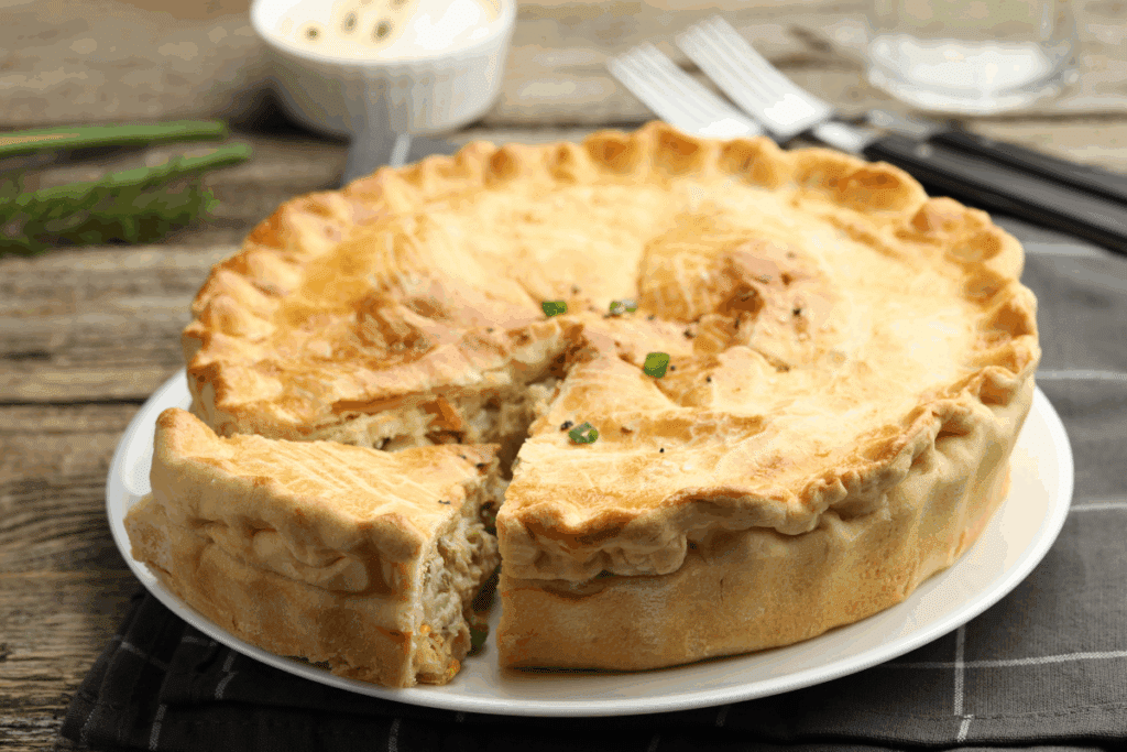 Torta de frango salgada em prato branco sobre mesa de madeira, destacando uma fatia cortada ao lado que mostra a massa alta e o recheio