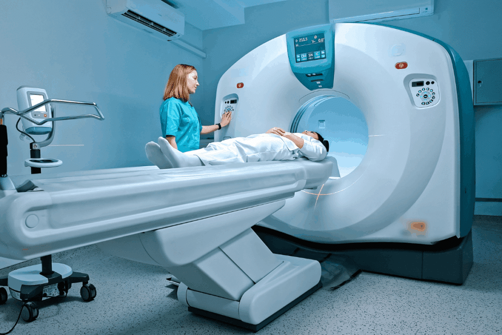 Pessoa deitada em uma máquina de ressonância magnética, enquanto uma médica permanece em pé ao lado do equipamento