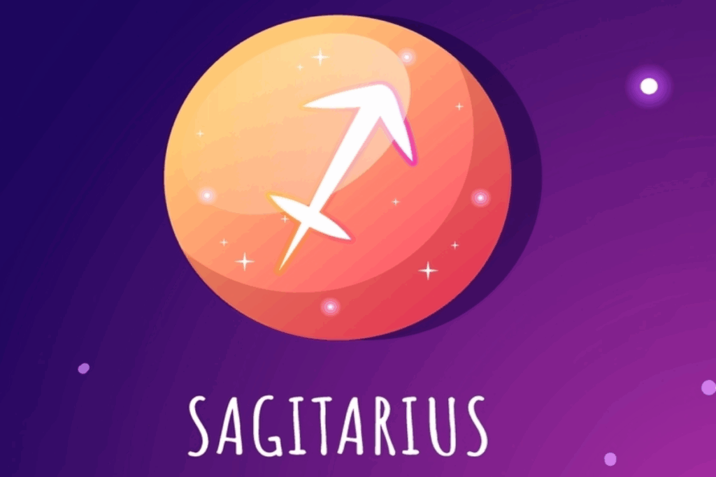 Ilustração do símbolo de Sagitário em branco, representado por uma seta, sobre um círculo em tons de laranja e vermelho com pequenas estrelas. A palavra “Sagittarius” aparece abaixo.