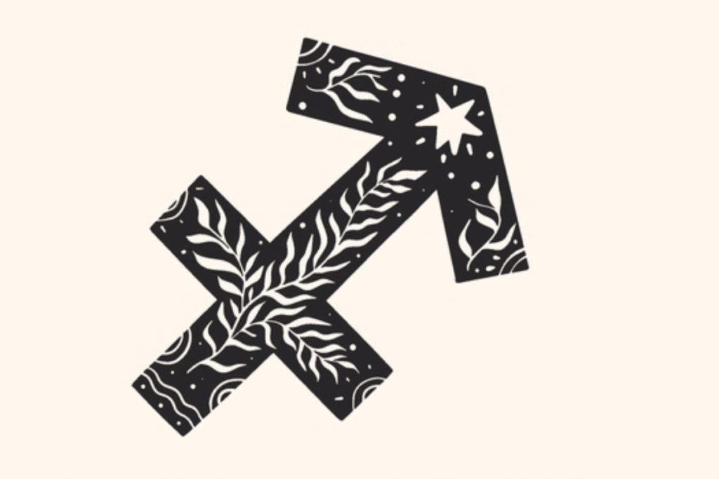 A imagem apresenta o símbolo do signo de sagitário em preto, centralizado sobre um fundo claro. O ícone é decorado com folhagens, pequenos pontos, formas solares e detalhes celestes, criando uma estética mística e delicada.