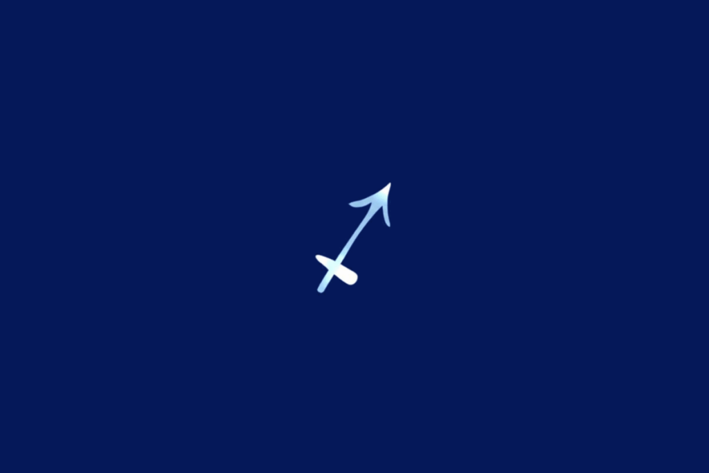 Símbolo do signo de Sagitário em tom azul-claro, centralizado sobre um fundo azul-marinho.