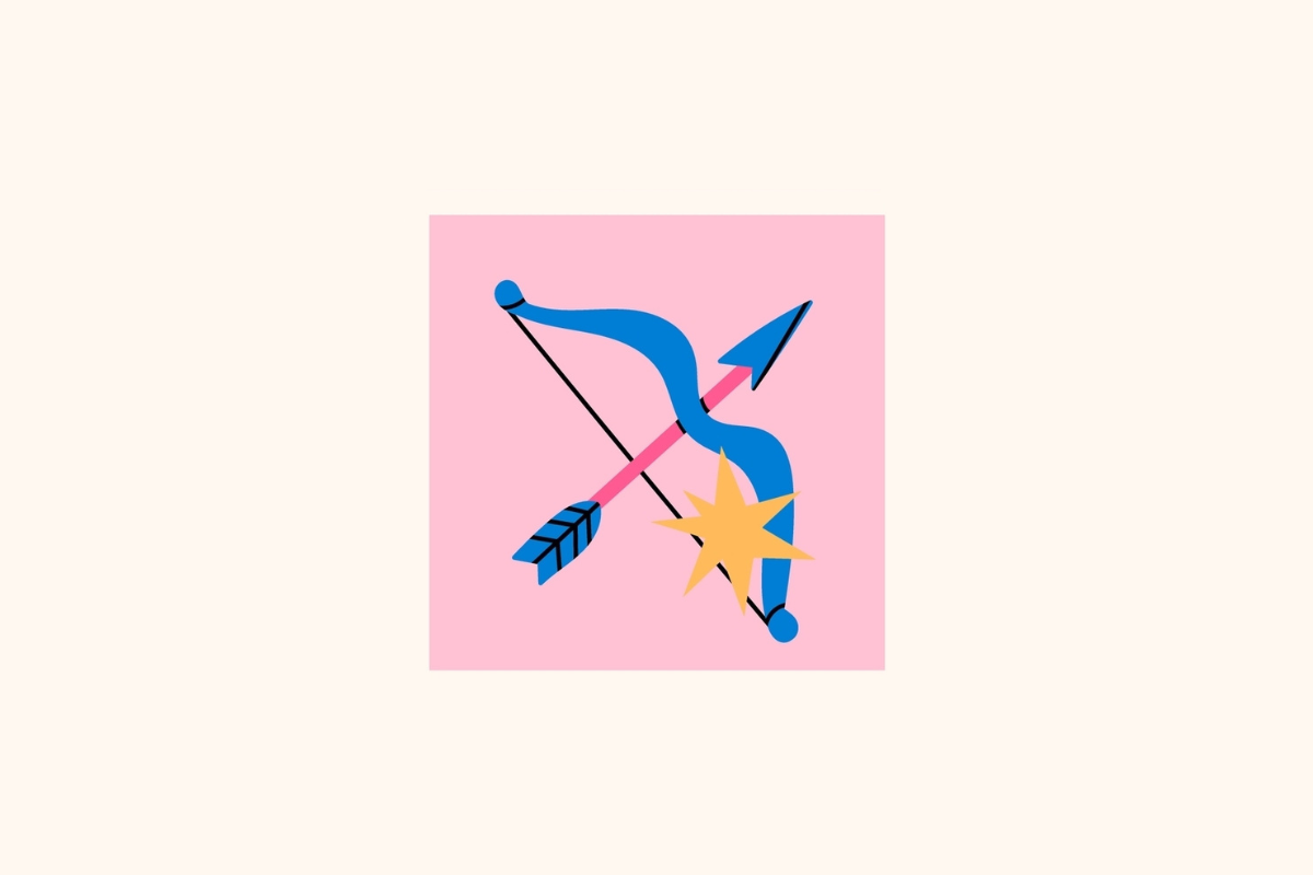 Ilustração estilizada do signo de Sagitário centralizada em um quadrado rosa sobre fundo creme, apresentando um arco curvo na cor azul-cobalto armado com uma flecha de haste rosa e ponta azul, sobreposta por uma estrela amarela-dourada no canto inferior direito