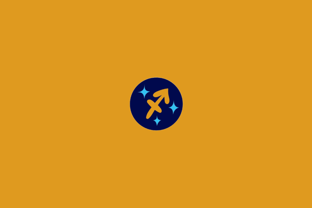 Ilustração estilizada do símbolo de Sagitário em amarelo-dourado, representado por uma seta inclinada apontando para cima e para a direita. O símbolo aparece dentro de um círculo azul-marinho, acompanhado por pequenas estrelas azul-claro. O fundo é laranja.