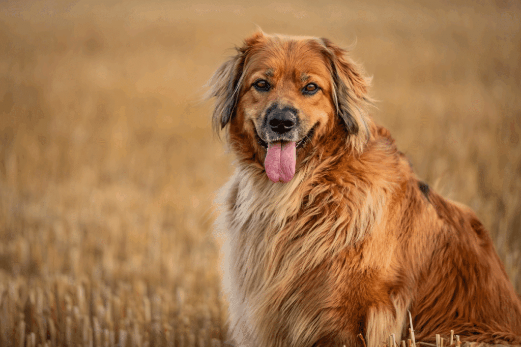 Imagem de um cão da raça hovawart de pelagem dourada parado em um milharal