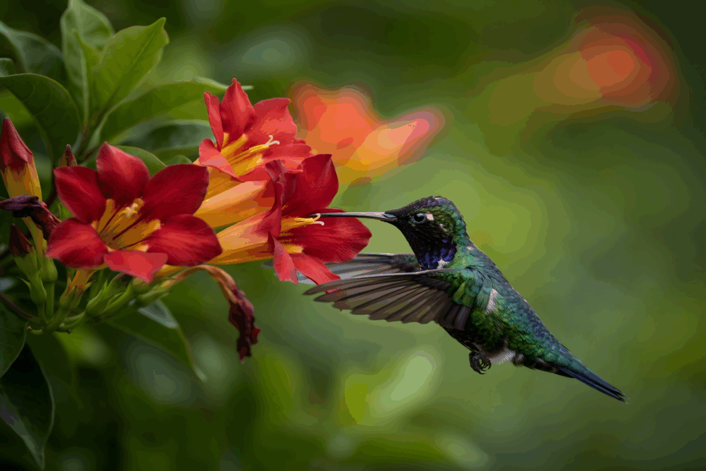 Imagem de uma beija-flor sugando o néctar de uma flor vermelha e laranja