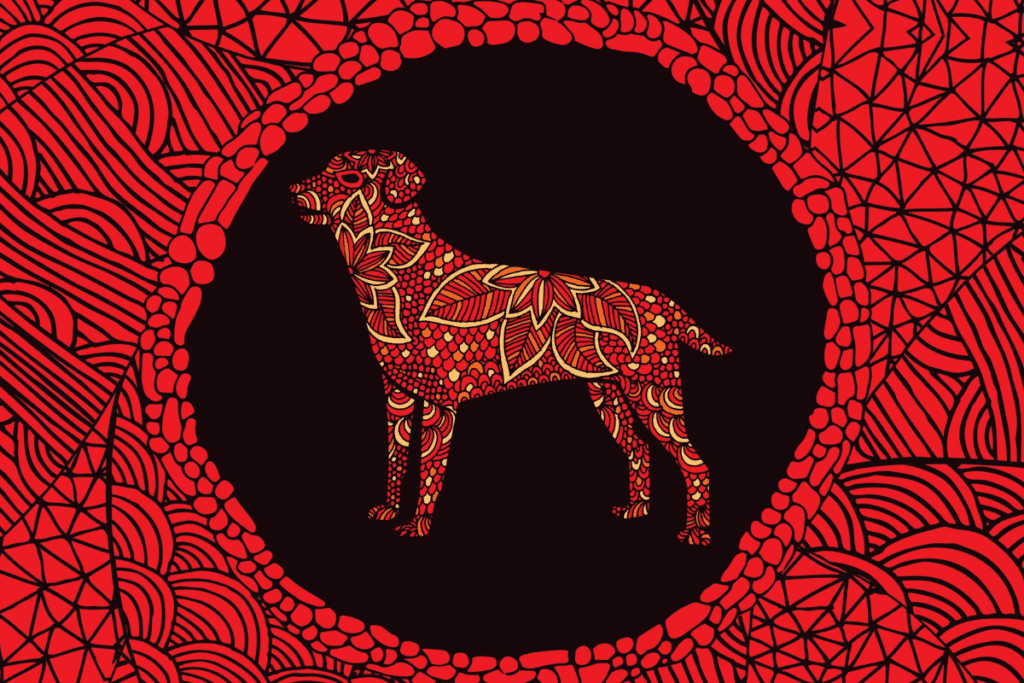Ilustração vibrante em estilo mandala mostrando a silhueta de um cão de perfil preenchida com padrões florais e geométricos em tons de vermelho, amarelo e preto. O cão está posicionado dentro de um círculo preto central, cercado por uma borda e fundo repletos de texturas e traços abstratos vermelhos