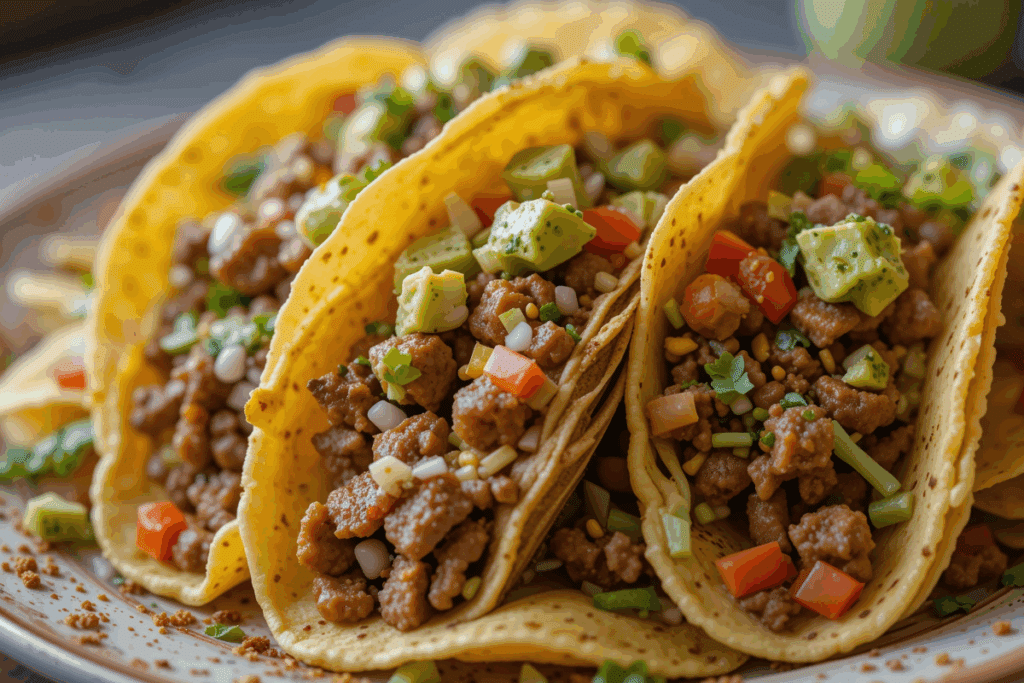 Três tacos crocantes de grão-de-bico recheados com carne moída temperada, cubos de abacate, tomate picado e ervas frescas dispostos em um prato