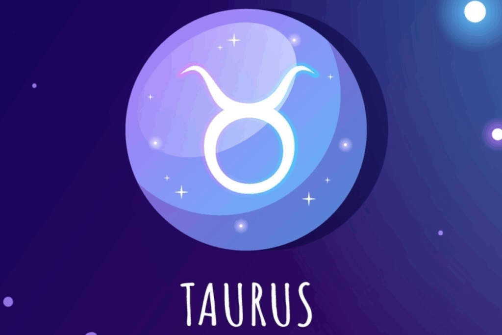 Ilustração do símbolo de Touro em branco, sobre um círculo em tons de azul e lilás, com estrelas e pontos luminosos. A palavra “Taurus” aparece na parte inferior.