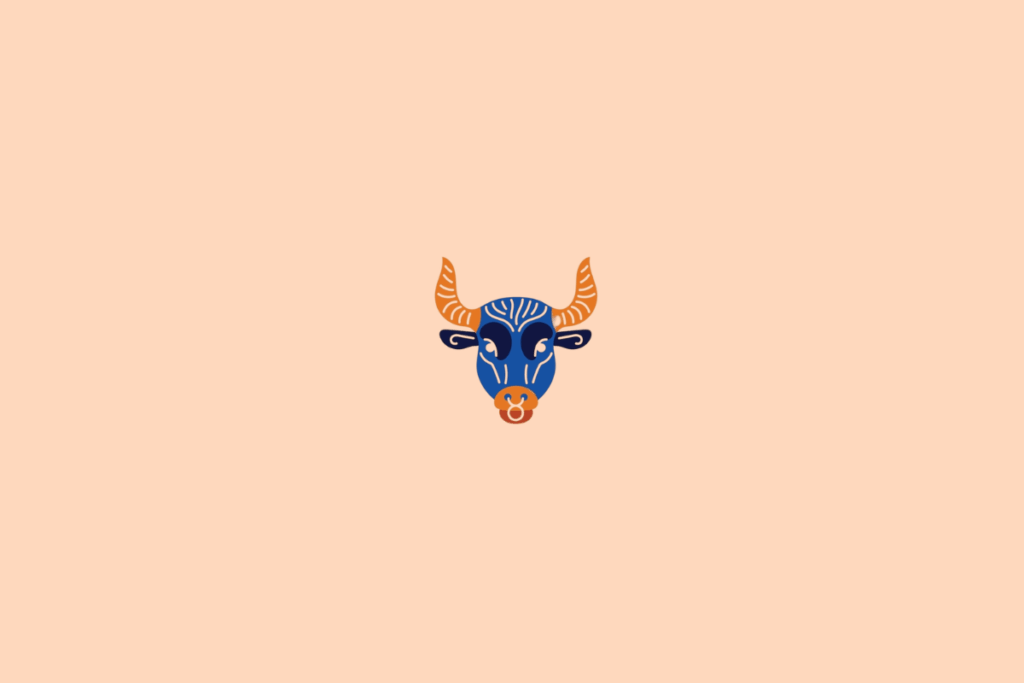 Ilustração de um touro estilizado, representando o signo de Touro, em tons de azul e laranja sobre fundo pêssego.
