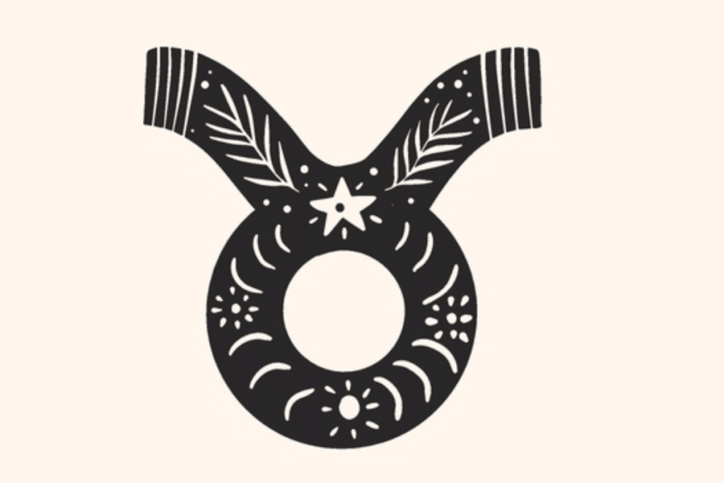 A imagem apresenta o símbolo do signo de touro em preto, centralizado sobre um fundo claro. O ícone é decorado com folhagens, pequenos pontos, formas solares e detalhes celestes, criando uma estética mística e delicada.
