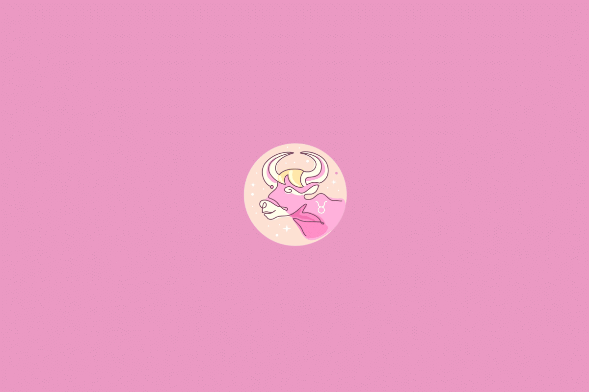 Ilustração minimalista do signo de Touro, representado pelo símbolo formado por um círculo com dois arcos superiores em tom creme. O desenho está dentro de um círculo em degradê de rosa e vermelho, com pequenos pontos decorativos e fundo amarelo-claro.