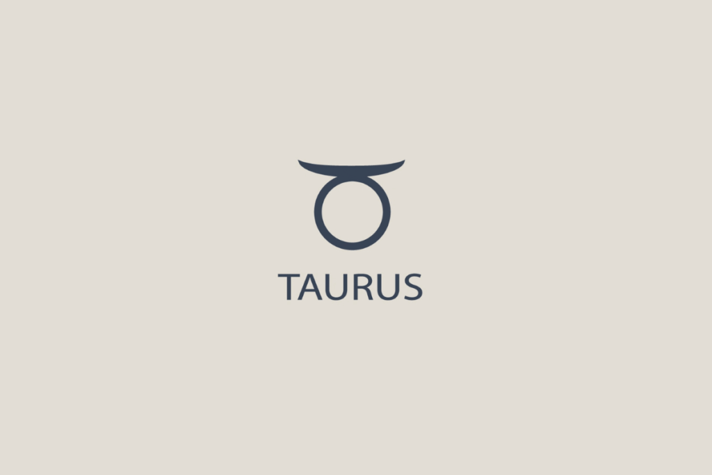 Símbolo minimalista do signo de Touro em tom cinza-escuro sobre fundo bege claro, com a palavra "TAURUS" escrita abaixo em letras maiúsculas