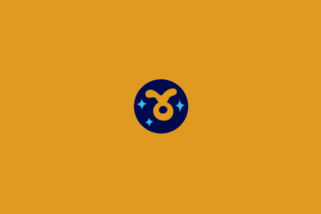 Ilustração estilizada do símbolo de Touro em amarelo-dourado, formado por um círculo com duas curvas superiores que lembram chifres. A figura está dentro de um círculo azul-marinho, com pequenas estrelas azul-claro ao redor. O fundo é laranja.