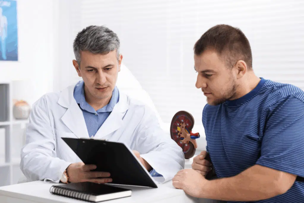 Médico de jaleco branco orientando paciente durante consulta em consultório iluminado, com maquete de rim sobre a mesa