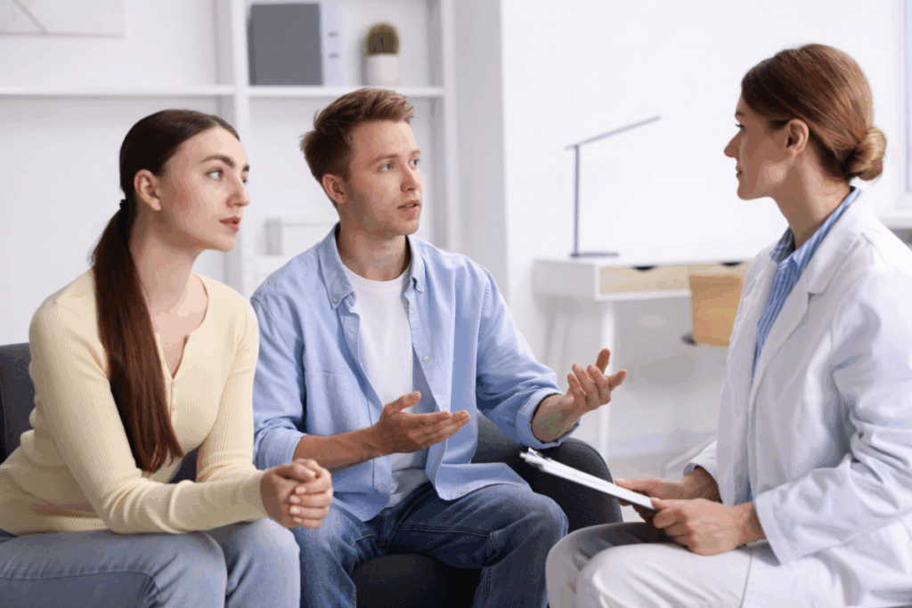 Um casal jovem sentado num consultório médico durante uma consulta, a conversar atentamente com uma médica de bata branca que segura uma prancheta