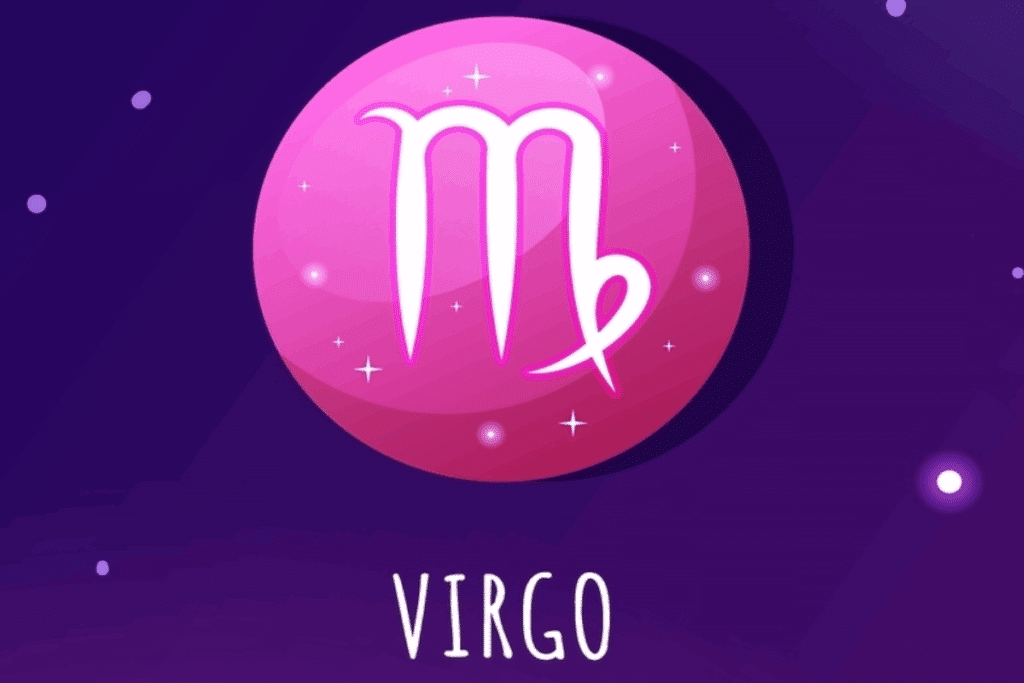 Ilustração do símbolo de Virgem em branco, sobre um círculo em tons de rosa e roxo, com pequenas estrelas e pontos luminosos. A palavra “Virgo” aparece na parte inferior.