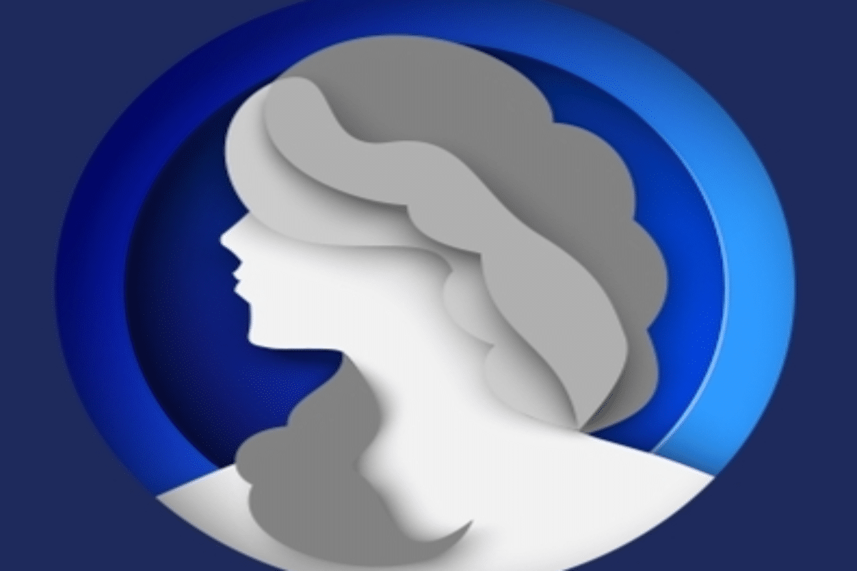 Ilustração do signo de Virgem representado pelo perfil de uma figura feminina em branco e cinza, com cabelos longos e ondulados, sobre um fundo circular azul.
