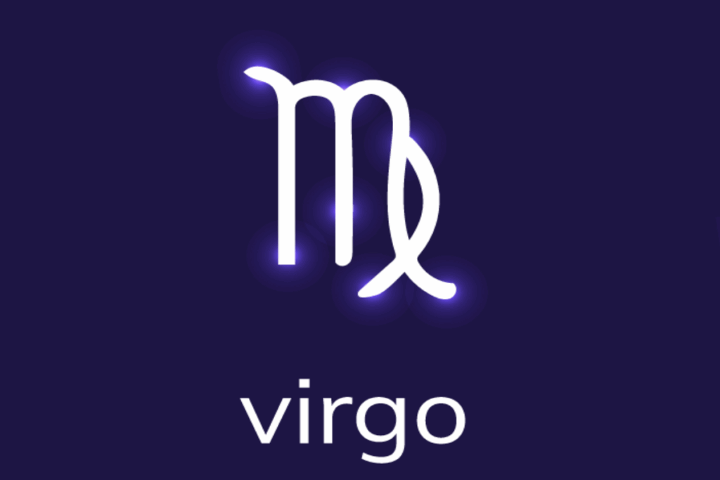 Imagem com fundo roxo-escuro e o símbolo astrológico de Virgem em branco, formado por linhas verticais curvas e uma extremidade que cria uma espécie de laço. Pontos de luz violeta aparecem ao redor do ícone, e a palavra “virgo” está escrita em branco na parte inferior.
