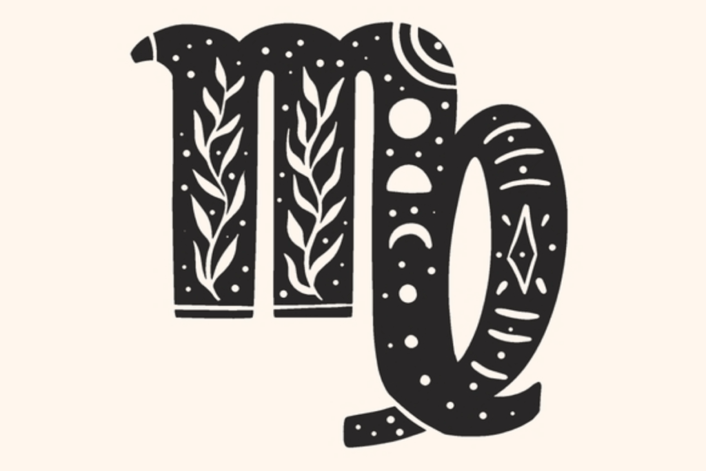 A imagem apresenta o símbolo do signo de virgem em preto, centralizado sobre um fundo claro. O ícone é decorado com folhagens, pequenos pontos, formas solares e detalhes celestes, criando uma estética mística e delicada.