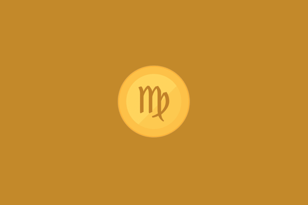 Ilustração minimalista do signo de Virgem, com o símbolo astrológico em tom marrom-dourado no centro de um círculo amarelo, sobre fundo uniforme em tom mostarda.