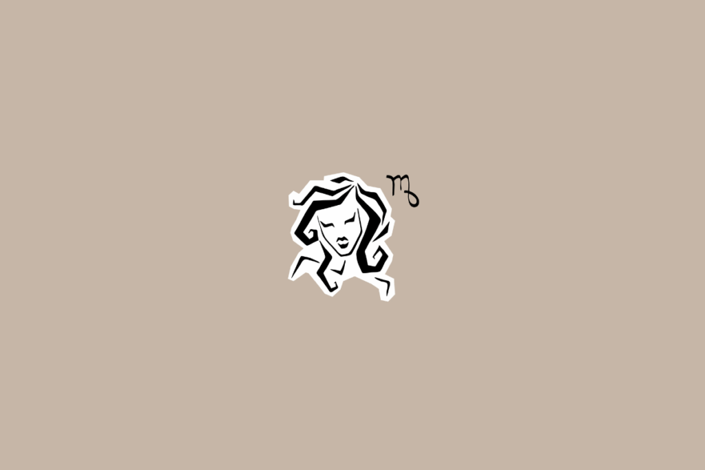Ilustração gráfica de um rosto feminino, representando o signo de Virgem, com cabelos ondulados e glifo astrológico ao lado, sobre fundo bege