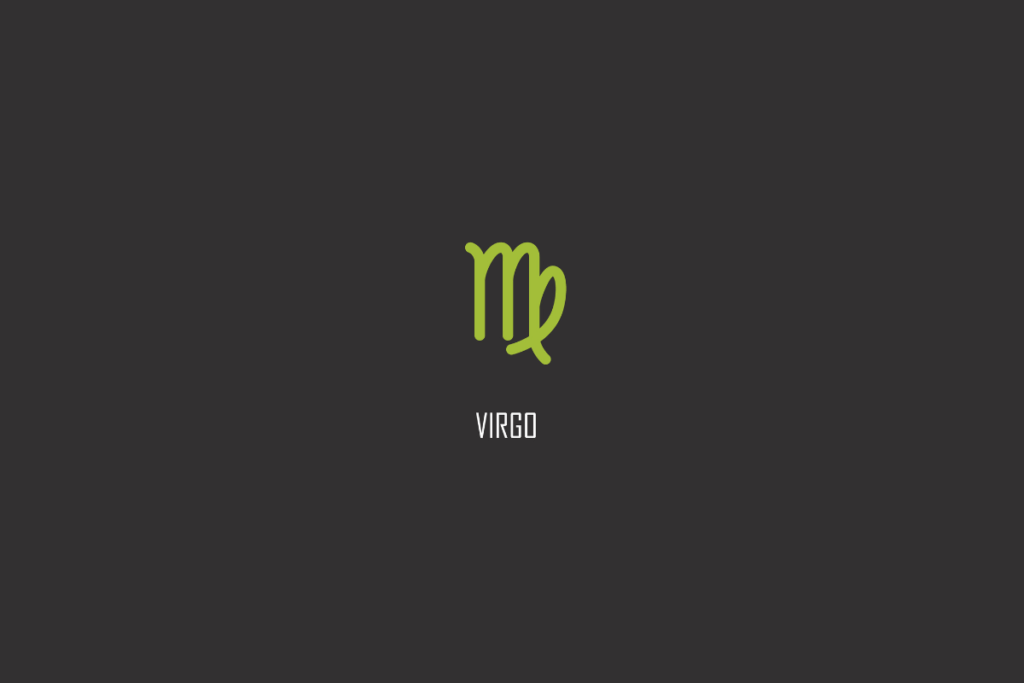 Símbolo verde de Virgem com o nome VIRGO escrito abaixo, sobre fundo cinza escuro