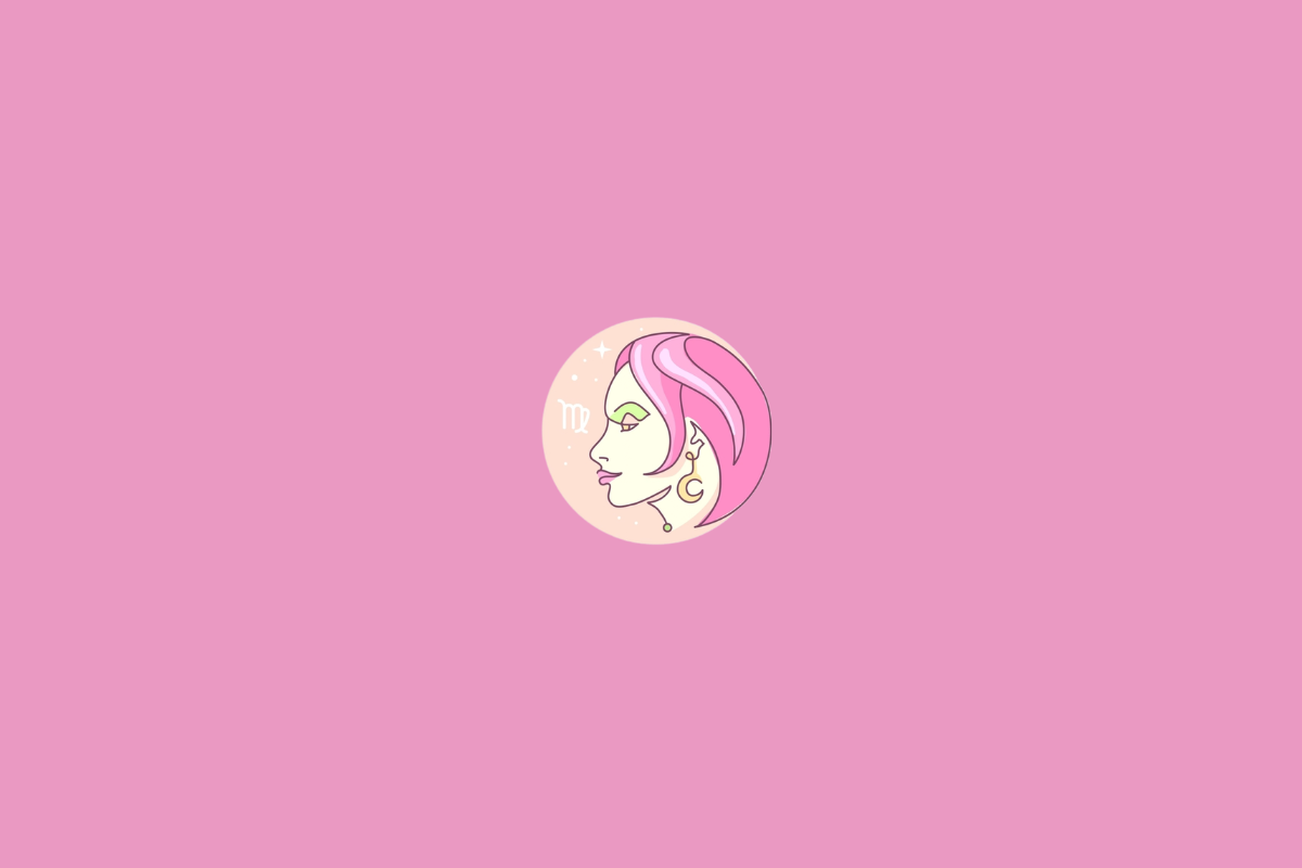 Ilustração minimalista do signo de Virgem, representado pelo símbolo estilizado em tom creme, com a terminação característica do signo. A figura aparece dentro de um círculo em degradê de verde e azul, com pequenos pontos decorativos e fundo amarelo-claro.