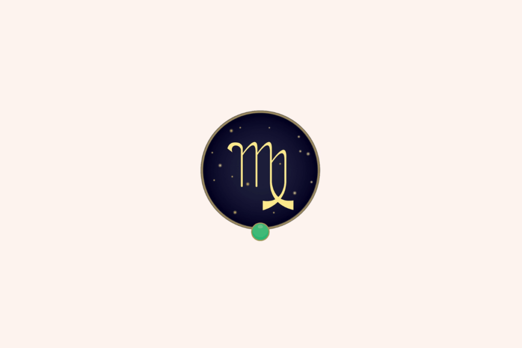 Ilustração do símbolo dourado do signo de Virgem em destaque central sobre um fundo circular azul-marinho estrelado, com uma pequena gema verde na parte inferior e fundo geral bege-claro