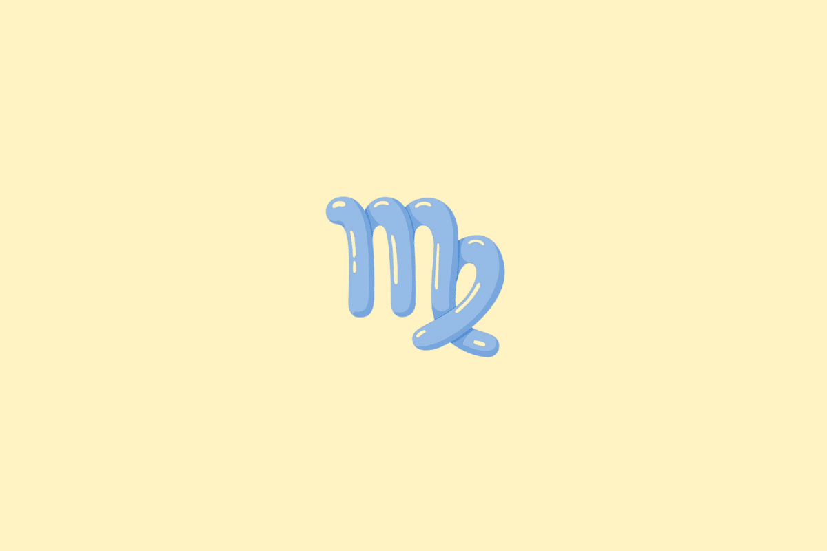 Ilustração do símbolo do signo de Virgem, composto por linhas curvas verticais e uma curva final que se prolonga para baixo, em tom azul-claro, sobre um fundo amarelo-claro.